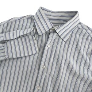 Perry Ellis Portfolio Dress Shirt Mens 16 32/33 Blue White Striped French Cuffs